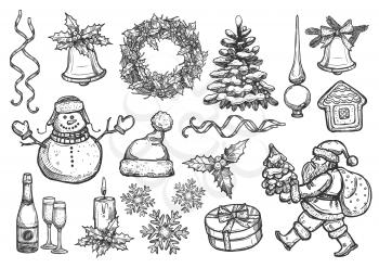 Christmas, New Year isolated sketch icons set. Vector santa with gifts bag, holly wreath, christmas tree ornament, topper spire, gingerbread house, snowflakes, bell with bow, ribbons, snowman, champag
