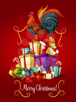 Merry Christmas greeting card with Rooster cock standing on christmas gifts heap. Symbol of 2017 new year