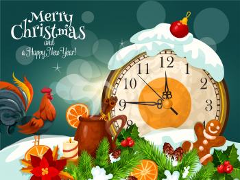 Merry Christmas, New Year poster. Vector greeting card with Rooster cock, wall clock minutes arrow before midnight christmas eve, holly garlands, pine branches, poinsettia flower, mulled wine mug, ora