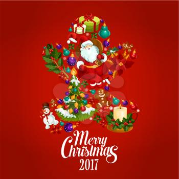 Merry Christmas. Vector greeting card, poster with symbols of 2017 New Year, Christmas tree ornaments, santa, gifts, holly wreath, gingerbread biscuits, stocking, poinsettia star flower, snowflake, be
