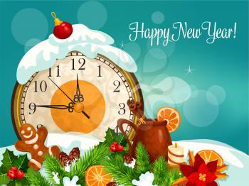 Happy New Year. Rooster cock symbol of chinese zodiac new year 2017, wall clock before midnight, mulled wine mug, orange slices, gingerbread man, holly garlands, pine branches, poinsettia flower, Vect