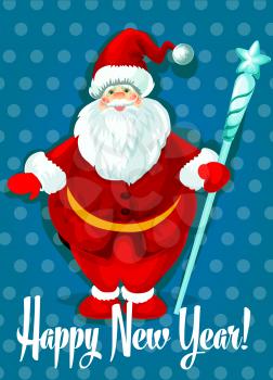 Happy New Year greeting. Isolated standing Santa with white beard in traditional winter celebration clothing holding frosty crystal staff. Vector poster, card