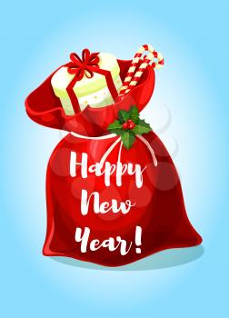 Santa gift bag full of gifts, presents, candy cane, tied with holly bow. Happy New Year vector poster, greeting card