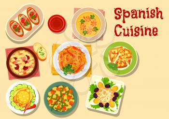 Spanish cuisine lunch icon with onion tapas, fish sandwich, grilled vegetables, shrimp soup, potato bean salad, sardine salad, bean soup with sausage, tuna salad with egg