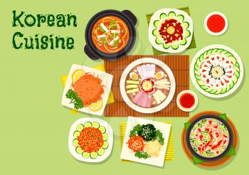 Korean cuisine asian dishes icon with pyongyang cold noodles, kimchi pork soup, raw cod and beef hoe, marinated vegetable salad, duck soup, dried fish, bean jelly salad