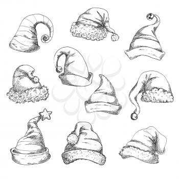 Santa hats vector pencil sketch icons. New Year and Christmas decoration elements