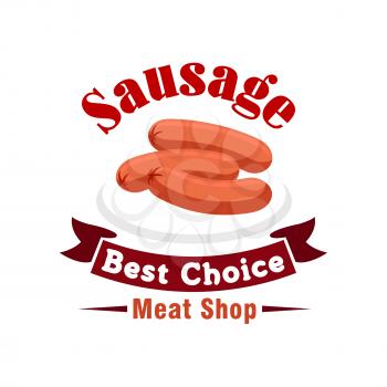 Beef sausage isolated sign with fresh frankfurter on plate, framed by red ribbon banner and header. Meat shop, butchery or livestock farm design