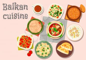 Balkan cuisine dinner icon with paprika cheese spread, garlic nut sauce, baked vegetable salad, meatball rice soup, fish soup, vegetable salad, fish egg salad, cheese pie