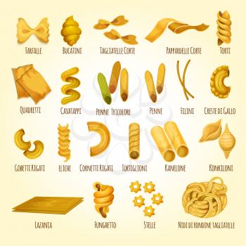 Italian pasta poster. Different types and shapes of authentic italian pasta with names. Lasagna and kanelone, farfalle, torti, eliche and penne, funghetto, filini, stelle, bucatini, tagliatelle, corte