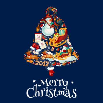 Christmas bell with New Year symbols poster. Santa Claus, gift box, snowman, star and snowflake, santa glove, gingerbread and rooster, sleigh with deer, candle lantern, owl in red hat, calendar and bu