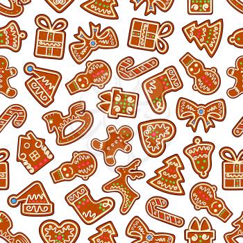 Christmas cookies seamless background. New Year wallpaper decoration with seamless pattern of baked biscuits icons Xmas stocking, tree, gift, candy, ribbon, heart, snowman, deer, bell, horse