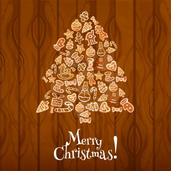 Gingerbread Christmas tree greeting card. Traditional glazed ginger cookie in shape of candy cane, xmas tree, man, star, bow, sock, bauble ball, house, glove, heart, horse on wooden background