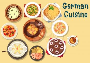 German cuisine beer and cheese fondue icon served with cabbage soup in rye bread, cabbage and sausage soup with mushroom, beef stew, christmas cake stollen, hamburg potato pie, chocolate cherry cake
