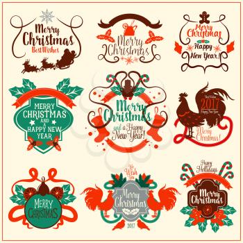 Christmas and New Year vintage badge set. Holly berry, xmas tree, candy cane, candle, bell, Santa with sleigh, gingerbread man, sock, rooster, framed by ribbon banner and vignette. Winter holidays des