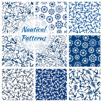 Nautical ship equipment seamless patterns of blue and white helm, anchor and steering wheel with chain and rope. Sea travel, summer vacation and water transportation themes design