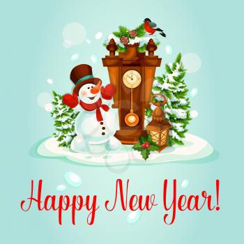 New Year greeting card. Happy snowman with snowy pine tree, candle lantern, holly berry and clock, adorned by fir branches with bullfinch. Festive poster, postcard design