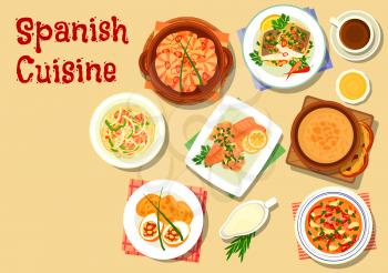 Spanish cuisine seafood noodle icon served with garlic shrimp, tomato soup gazpacho, garlic soup, bean stew with chorizo and ham, trout stew with ham, stuffed egg with sausage