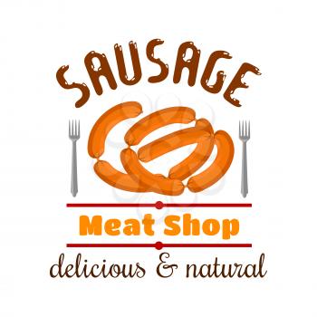 Meat shop and butchery symbol of smoked sausage with fork and header. Signboard or food packaging design