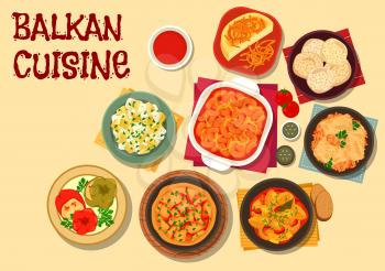 Balkan cuisine vegetarian dishes icon with bean stew, cabbage roll, baked bean, polenta, potato stew, pepper with brinsen cheese, zucchini with sour cream, vegetable omelette, almond meringue