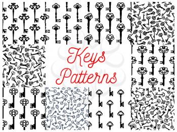 Vintage key seamless pattern set of old door key and victorian skeleton, decorated by gothic floral ornament. Interior accessory, scrapbook page backdrop design