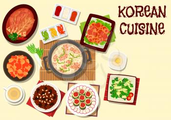 Korean cuisine traditional kimchi vegetables dishes icon with seafood soup, spicy daikon, cucumber cilantro salad, marinated fish with radish, sweet rice dessert with nut and date