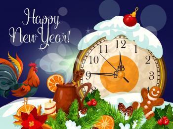New Year poster. Vector greeting card with Rooster cock, wall clock minutes arrow before midnight, holly garlands, pine branches, poinsettia flower and mulled wine mug, orange slices and gingerbread m