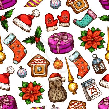 Christmas gifts seamless pattern with holly berry, present box, santa hat and glove, gingerbread house, sock, bauble ball, lantern, owl in hat, poinsettia, calendar sketches. Xmas background design