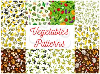 Vegetarian food and vegetable seamless pattern set with tomato, pepper, olive oil and fruit, mushroom and salad leaf, broccoli, garlic and spice herb, eggplant and radish, ginger, corn, pea
