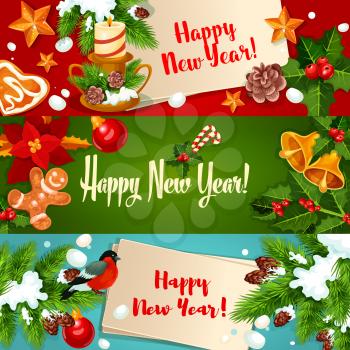 New Year colorful banners set. Holly berry with candy cane and bell, pine tree branches with star, candle and bauble ball, snow, gingerbread man, bullfinch, poinsettia for New Year design