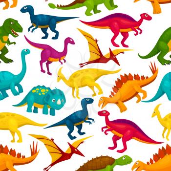 Dinosaur and jurassic animal seamless pattern. Tyrannosaurus, triceratop, stegosaurus, pterodactyl, t-rex, brontosaurus, velociraptor cartoon monster background