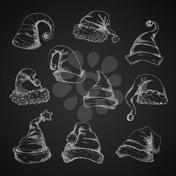 Santa hats vector pencil sketch icons. Isolated chalk sketches on blackboard. For New Year and Christmas holidays decoration elements
