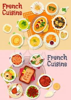 French cuisine national dishes icon with seafood stew, chicken in wine sauce, fried cheese, duck, rabbit and perch roast, vegetable and lentil soups, chicken roll with shrimp, fish souffle, baked cod