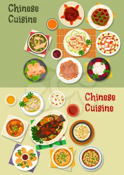 Chinese cuisine dinner icon with rice, baked fish with vegetable, noodle, daikon, cabbage salads, shrimp spring roll, soups with chicken, rice, beef, fish, beef tongue, squid ring, cucumber with pork
