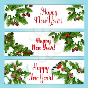 New Year banner set. Holly berry and green tree branches with red ilex fruit, cone and bullfinch. Snowy New Year tree banners set for winter holiday design