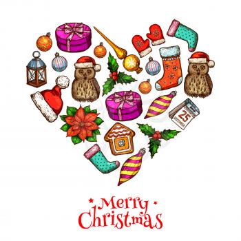 Christmas love heart poster, composed of xmas sketches. Holly berry, gift box with ribbon bow, santa hat and glove, bauble ball, sock, gingerbread house, lantern, poinsettia, owl in red hat, calendar