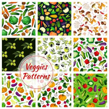 Vegetable, fruit, mushroom seamless pattern set with tomato, olive, pepper, broccoli, carrot, eggplant, onion, cabbage, chanterelle, pumpkin, garlic, porcini, radish, potato. Food theme design