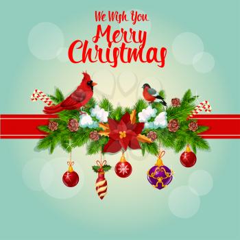 Merry Christmas greeting card tied with red cardinal birds, ribbon and decorated with christmas holly, pine, fir garland bow, christmas ornaments baubles, poinsettia star flower, bullfinch and candy c