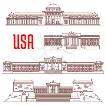 USA travel landmarks icon with linear architectural sights. Field Museum of Natural History, Philadelphia Museum of Art, The Franklin Institute, Museum of Science and Industry