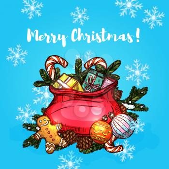 Christmas gifts in santa bag festive card. Present box with bow, candy cane and ginger cookie man in red bag with pine tree branch, bauble ball and snowflake. Winter holidays design