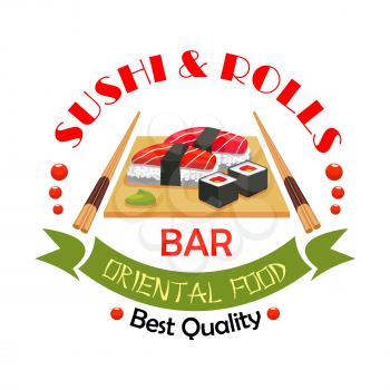 Sushi bar, japanese food restaurant symbol. Sushi roll and salmon nigiri sushi, garnished with wasabi on wooden platter with chopsticks. Oriental cuisine sign with ribbon banner for menu design