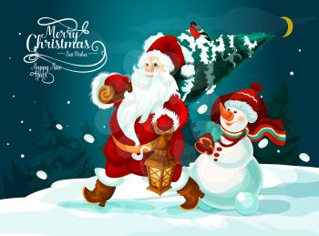 Christmas Day holidays greeting card. Santa Claus and snowman with christmas tree, gift bag and lantern walking across snowy forest. Xmas and New Year festive design