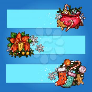 Christmas gift and wreath sketched banner. Santa bag with present, holly and pine tree wreath with candy, snowflake, sock, gingerbread, ball, xmas candle with poinsettia. Winter holidays theme design
