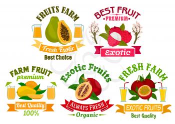 Exotic fruit sign and badge set. Tropical mango, papaya, passion fruit, lychee and tamarillo fruit and juice symbol with ribbon banner. Organic farm, food and juice packaging design