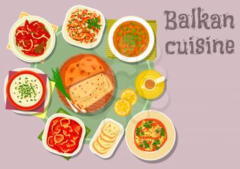 Balkan cuisine traditional tomato and pepper stew icon served with cheese soup with egg, fish stew with lemon, baked bean, potato pie, marinated pepper, tomato cabbage salad