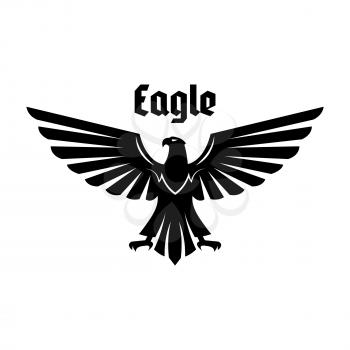 Eagle heraldic symbol. Black eagle, falcon or hawk bird with outstretched wings and legs. Heraldic bird for royal coat of arms, crest, emblem or tattoo design