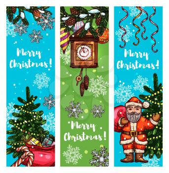 Merry Christmas and New Year sketched banner set. Santa with gift bag, xmas tree with ball and lights, present box, candy cane, snowflake, pine branch with bauble and clock. Xmas card design