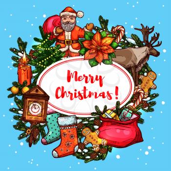 Christmas gifts and Santa Claus New Year poster. Santa, xmas tree, gift bag, candy, candle, snowflake, gingerbread man, sock, clock and poinsettia sketches. Winter holidays greeting card design