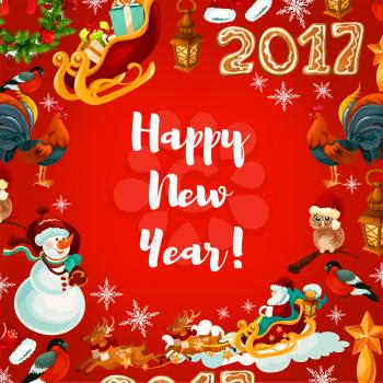 New Year poster with sleigh of Santa with flying reindeer, snowman, gift, holly and pine wreath, snowflake and lantern, owl in red hat, gingerbread number 2017 and chinese New Year rooster