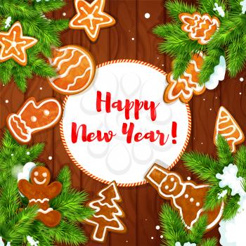 Happy New Year greeting card with gingerbread and pine branches on wooden background. Ginger cookie man, pine tree and star, snowman, ball with snowy fir twig placed around badge with copy space
