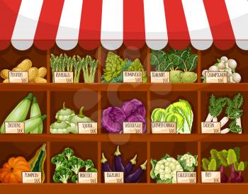 Vegetable market stall with fresh veggies. Broccoli, cabbage, eggplant, potato, mushroom, beet, zucchini, kohlrabi, asparagus, cauliflower, daikon vegetables on stand with price labels and awning